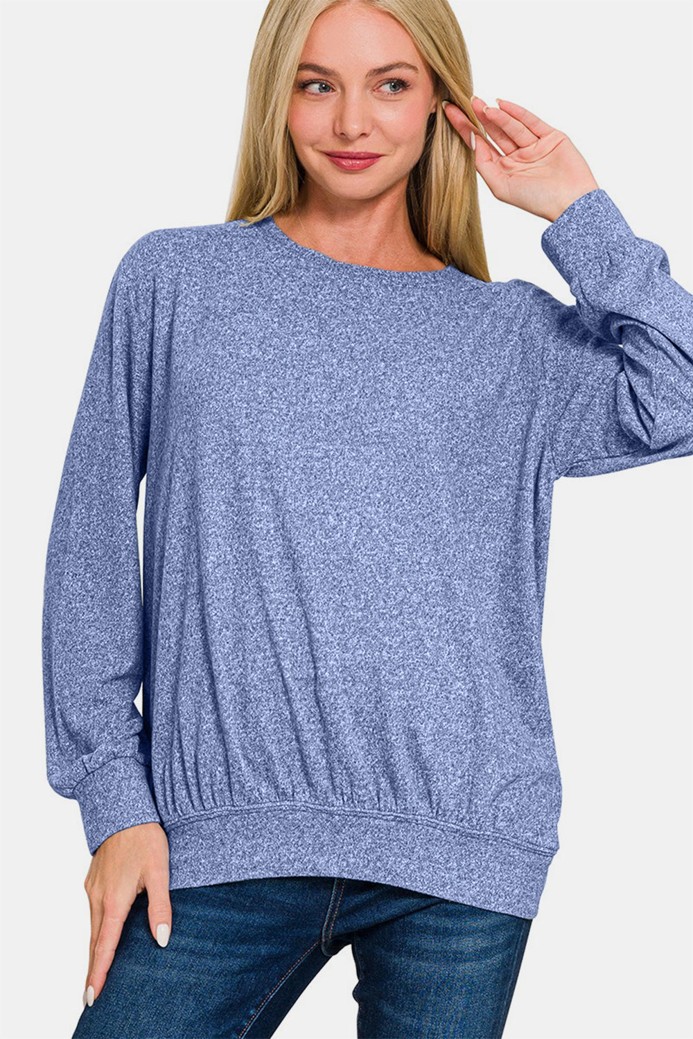 Zenana - Melange Hacci Round Neck Top - Lt Navy - Inspired Eye Boutique