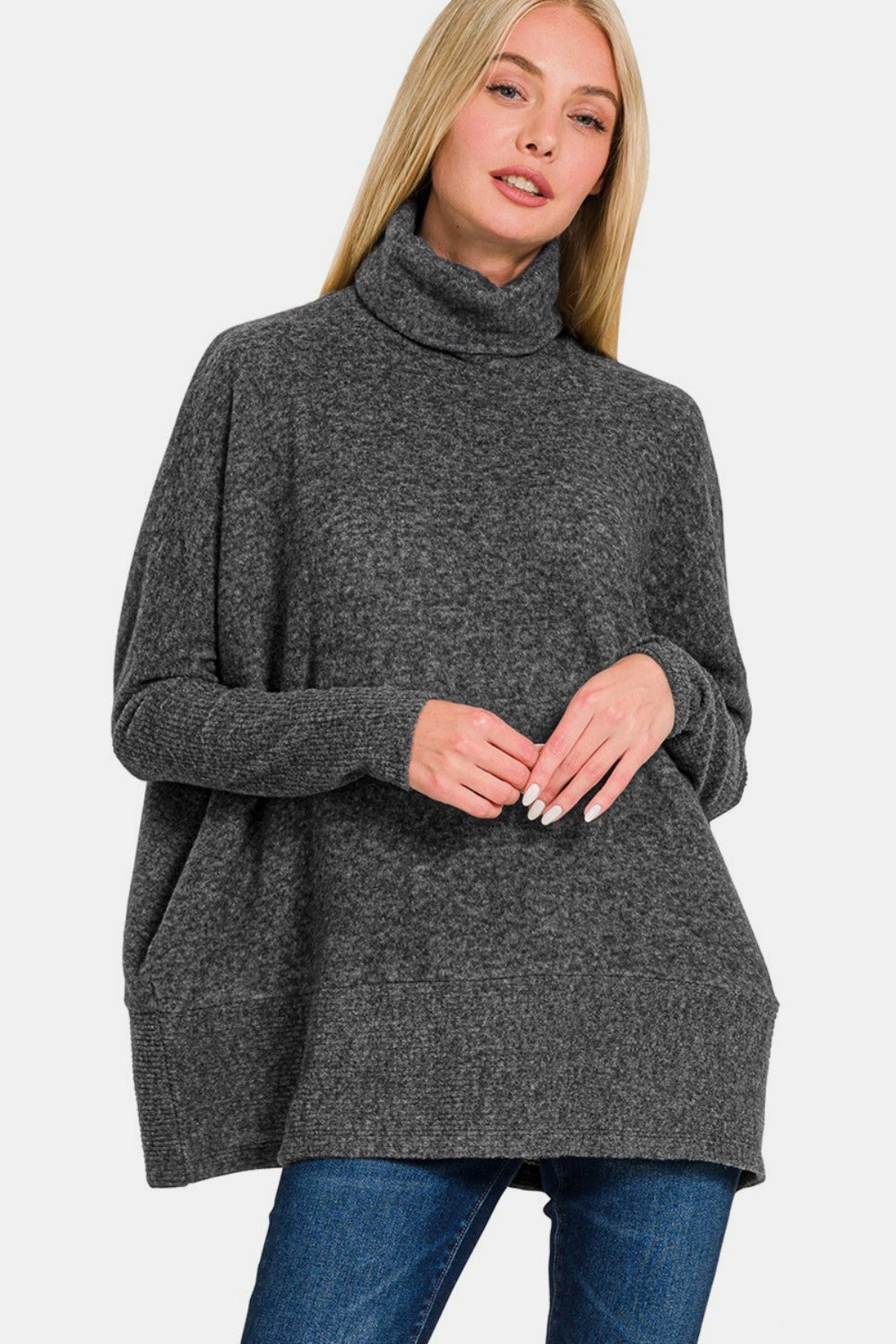 Zenana - Melange Hacci Turtleneck Sweater - Black - Inspired Eye Boutique