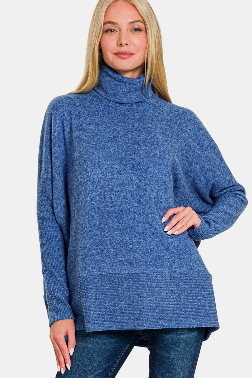 Zenana - Melange Hacci Turtleneck Sweater - Lt Navy - Inspired Eye Boutique