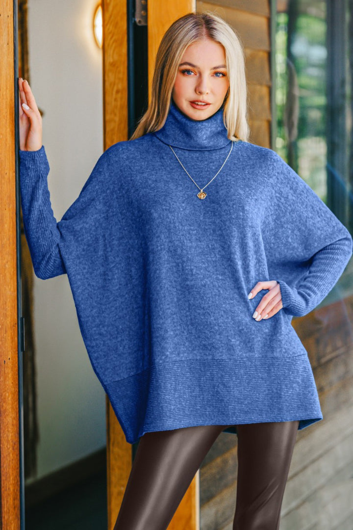 Zenana - Melange Hacci Turtleneck Sweater - Lt Navy - Inspired Eye Boutique