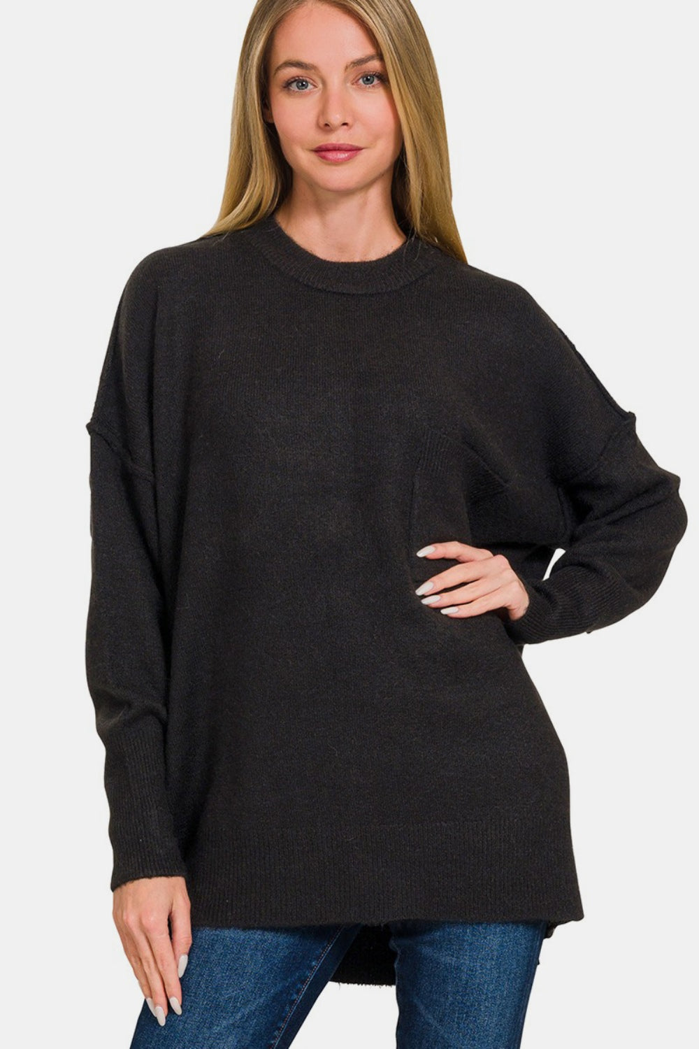 Zenana - Melange High-Low Hem Sweater - Black - Inspired Eye Boutique