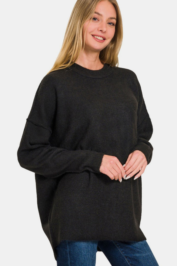 Zenana - Melange High-Low Hem Sweater - Black - Inspired Eye Boutique