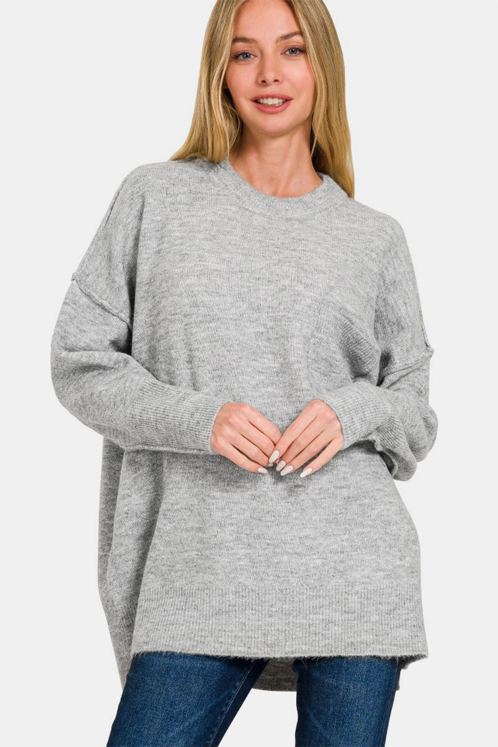 Zenana - Melange High-Low Hem Sweater - Grey - Inspired Eye Boutique