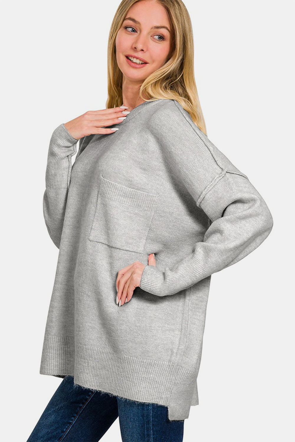 Zenana - Melange High-Low Hem Sweater - Grey - Inspired Eye Boutique