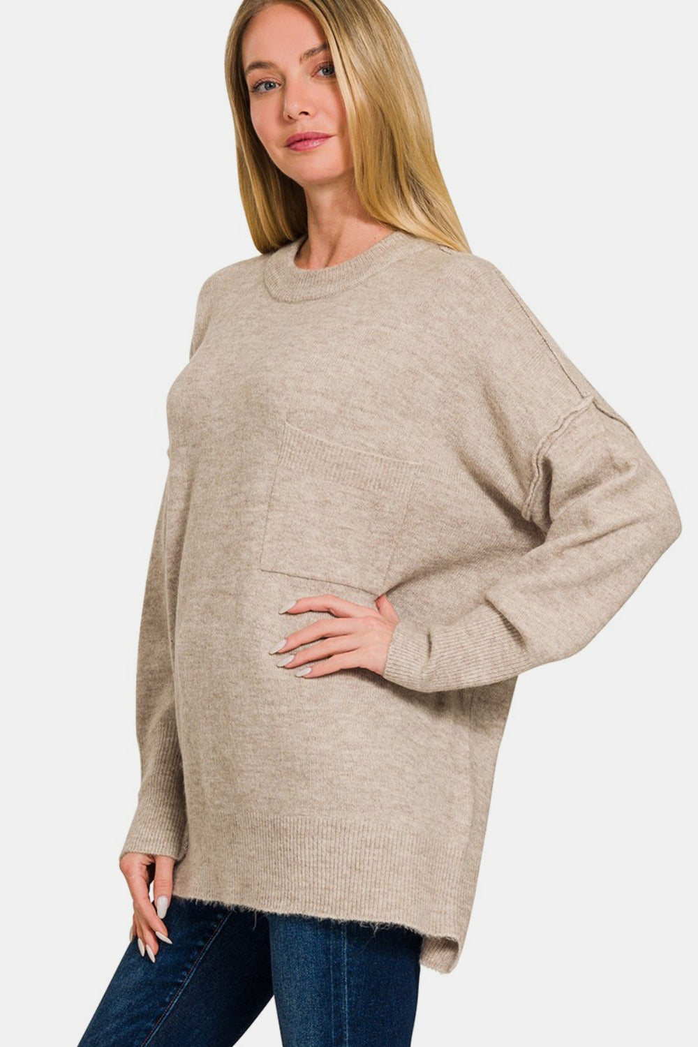 Zenana - Melange High-Low Hem Sweater - H Mocha - Inspired Eye Boutique