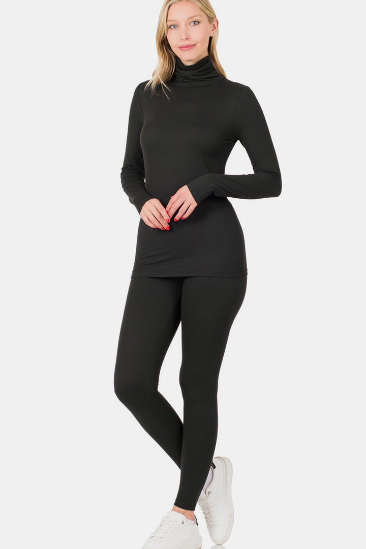 Zenana - Microfiber Mock Neck Lounge Set - Black - Inspired Eye Boutique