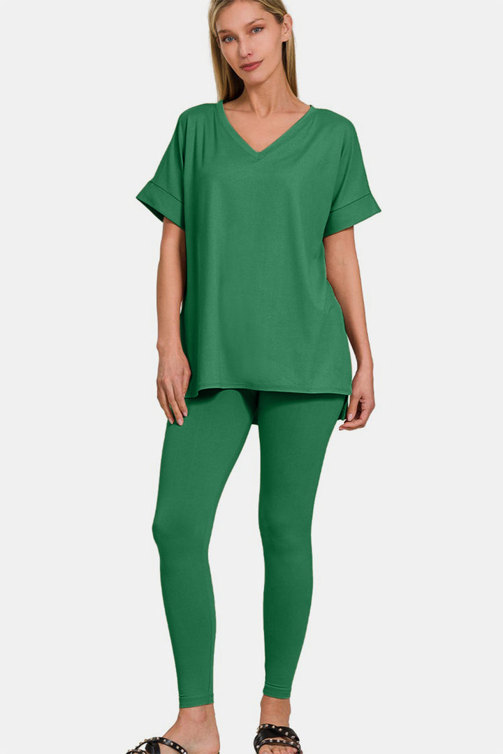 Zenana - Microfiber Short Sleeve Loungewear Set - Forest Green - Inspired Eye Boutique