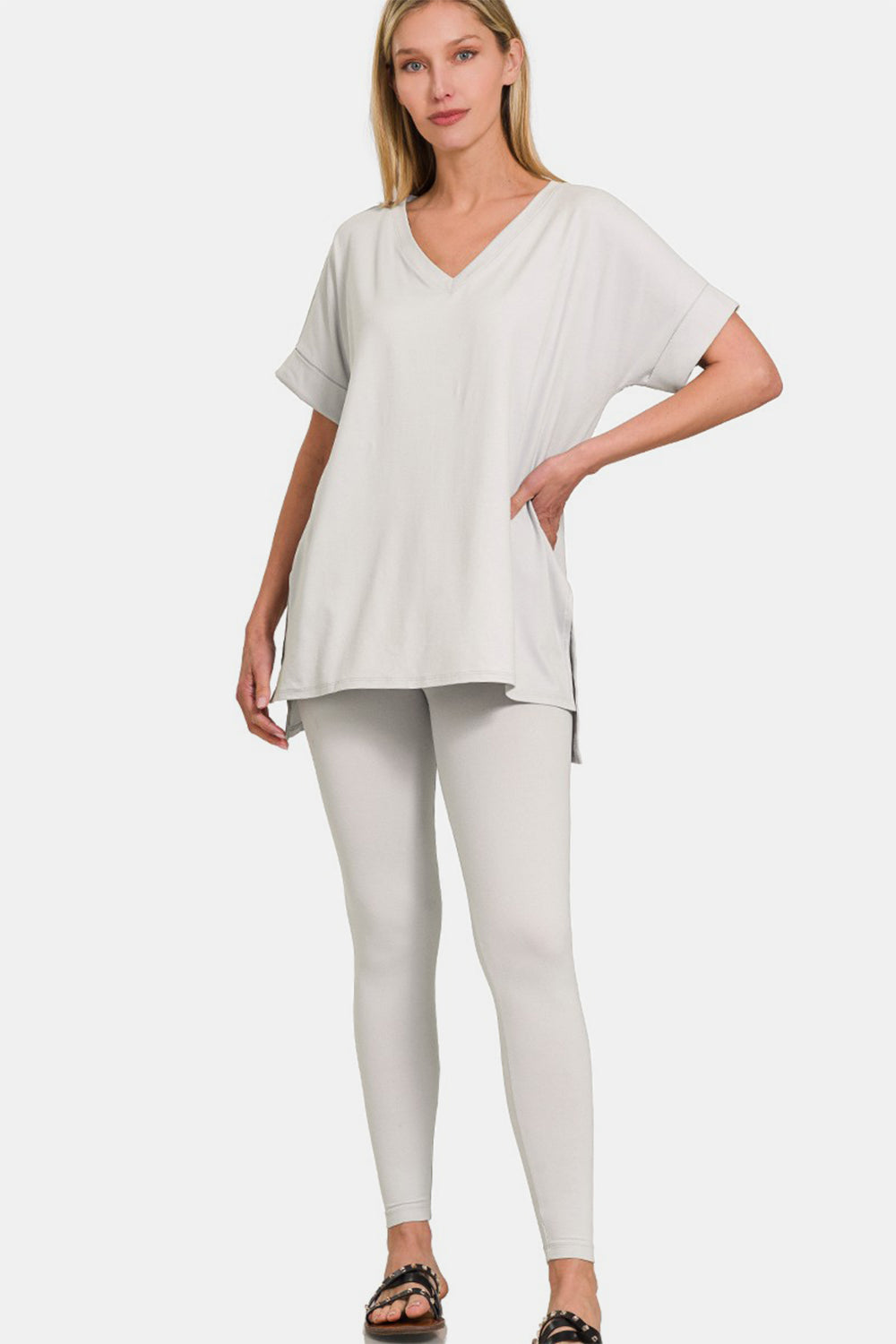 Zenana - Microfiber Short Sleeve Loungewear Set - Lt Cement - Inspired Eye Boutique