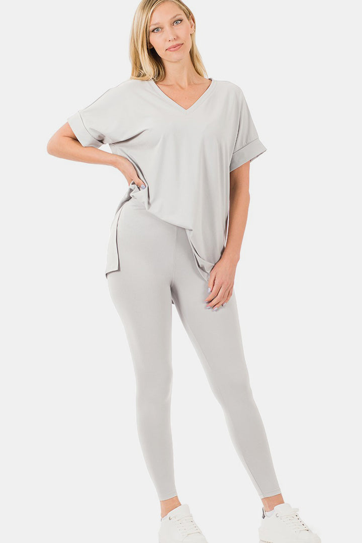 Zenana - Microfiber Short Sleeve Loungewear Set - Lt Cement - Inspired Eye Boutique