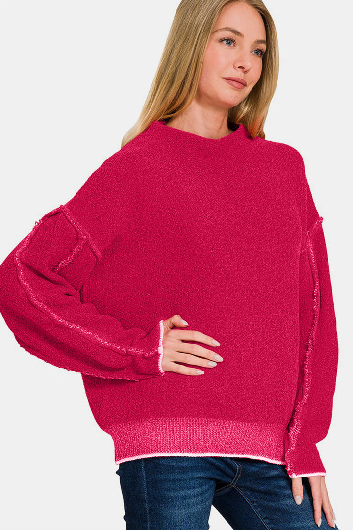 Zenana - Mock Neck Chenille Sweater - Magenta - Inspired Eye Boutique