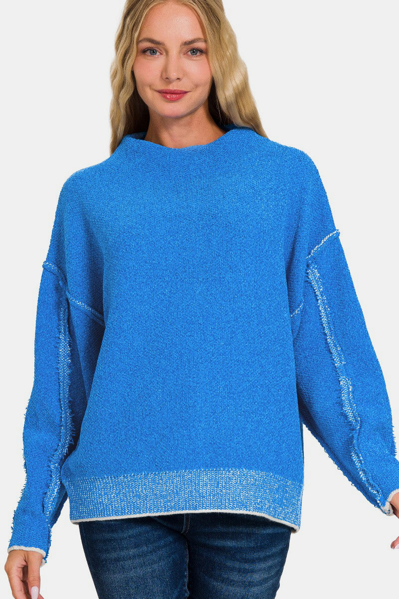 Zenana - Mock Neck Chenille Sweater - Ocean Blue - Inspired Eye Boutique