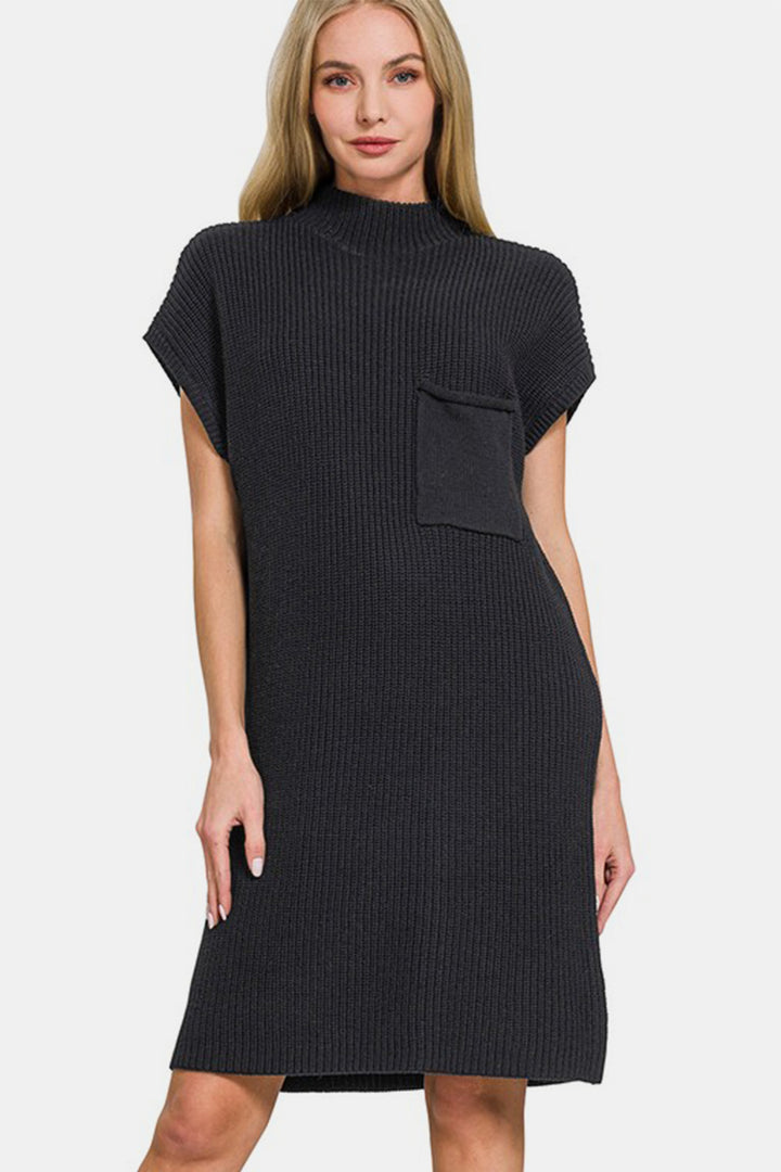 Zenana - Mock Neck Cotton Sweater Dress - Black - Inspired Eye Boutique