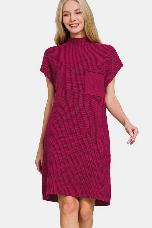 Zenana - Mock Neck Cotton Sweater Dress - Cabernet - Inspired Eye Boutique