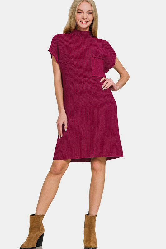 Zenana - Mock Neck Cotton Sweater Dress - Cabernet - Inspired Eye Boutique