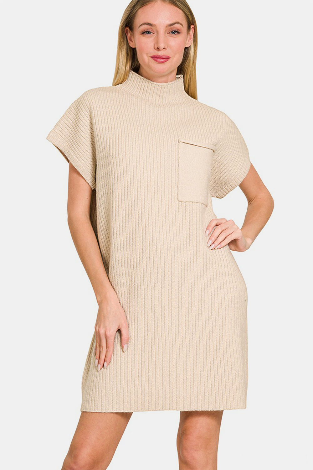 Zenana - Mock Neck Short Sleeve Sweater Dress - Beige - Inspired Eye Boutique