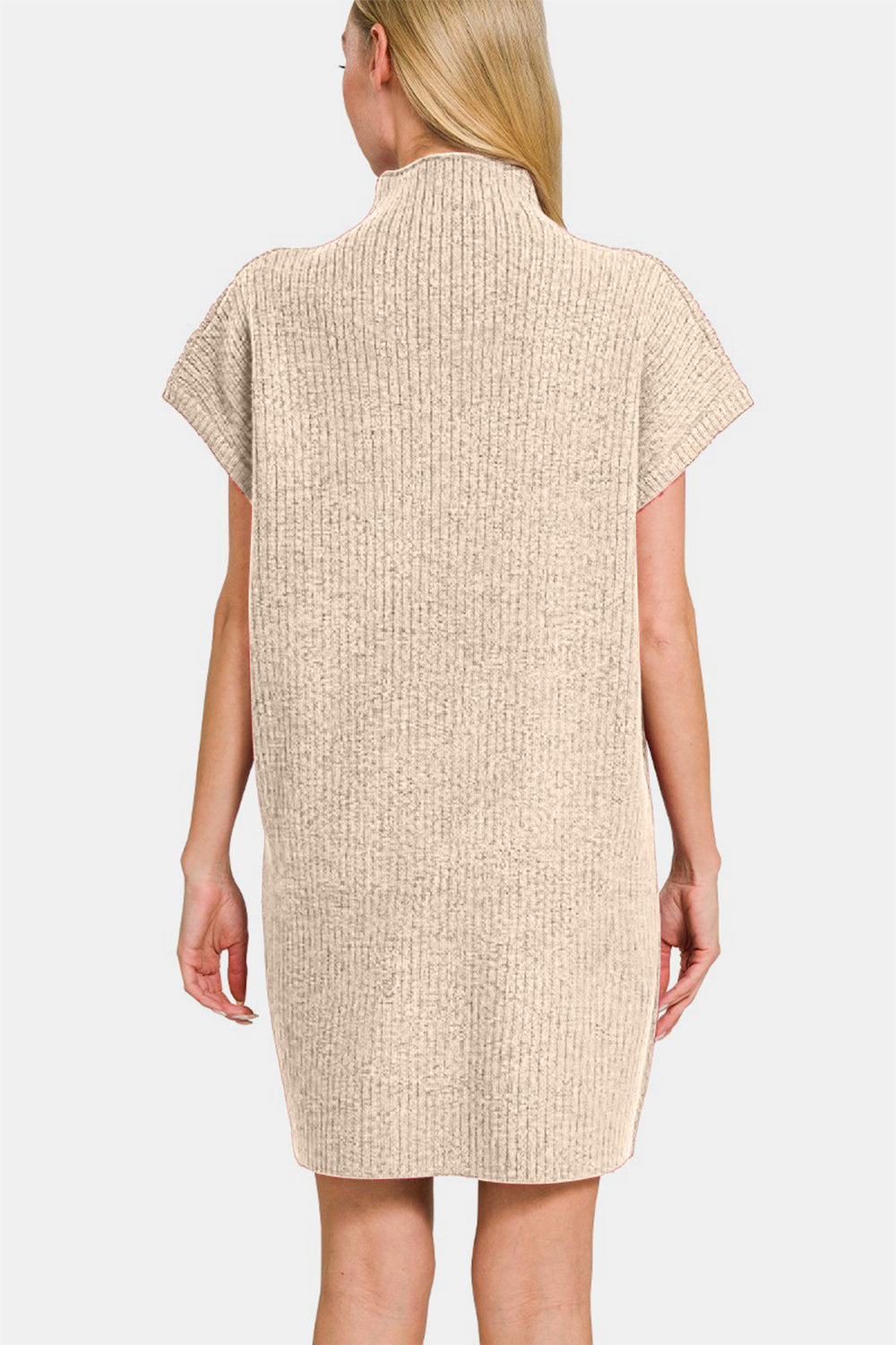 Zenana - Mock Neck Short Sleeve Sweater Dress - Beige - Inspired Eye Boutique