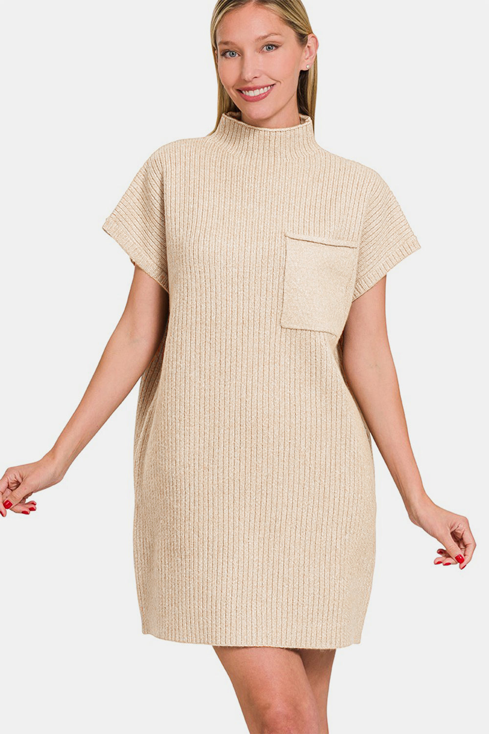 Zenana - Mock Neck Short Sleeve Sweater Dress - Beige - Inspired Eye Boutique