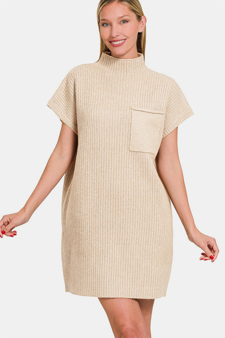 Zenana - Mock Neck Short Sleeve Sweater Dress - Beige - Inspired Eye Boutique