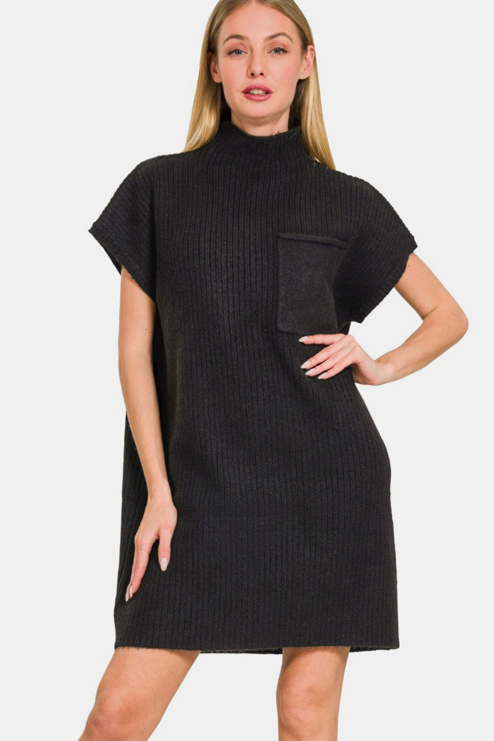 Zenana - Mock Neck Short Sleeve Sweater Dress - Black - Inspired Eye Boutique