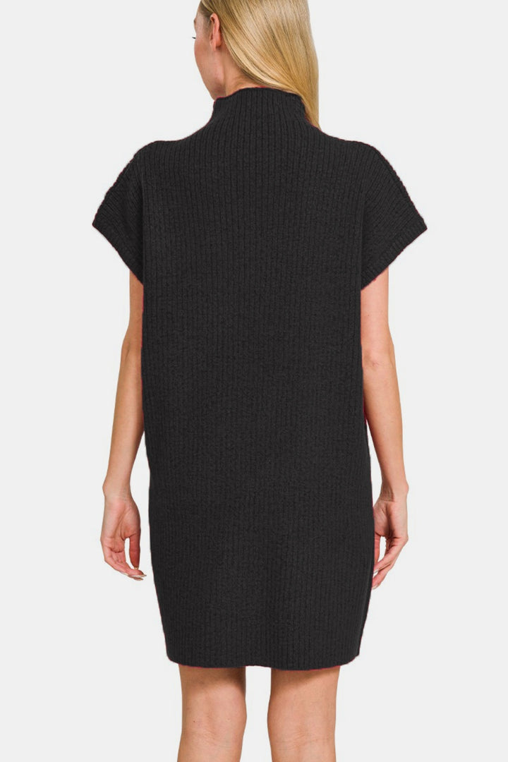 Zenana - Mock Neck Short Sleeve Sweater Dress - Black - Inspired Eye Boutique