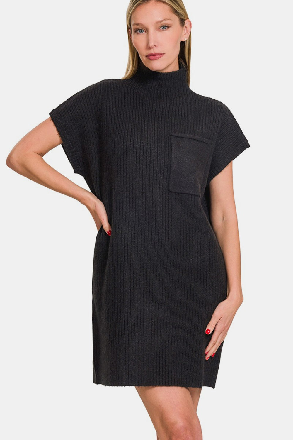 Zenana - Mock Neck Short Sleeve Sweater Dress - Black - Inspired Eye Boutique