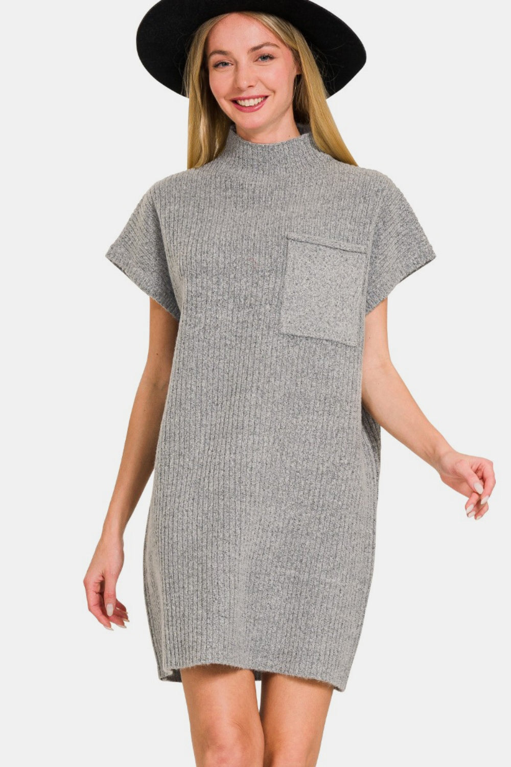 Zenana - Mock Neck Short Sleeve Sweater Dress - Grey - Inspired Eye Boutique