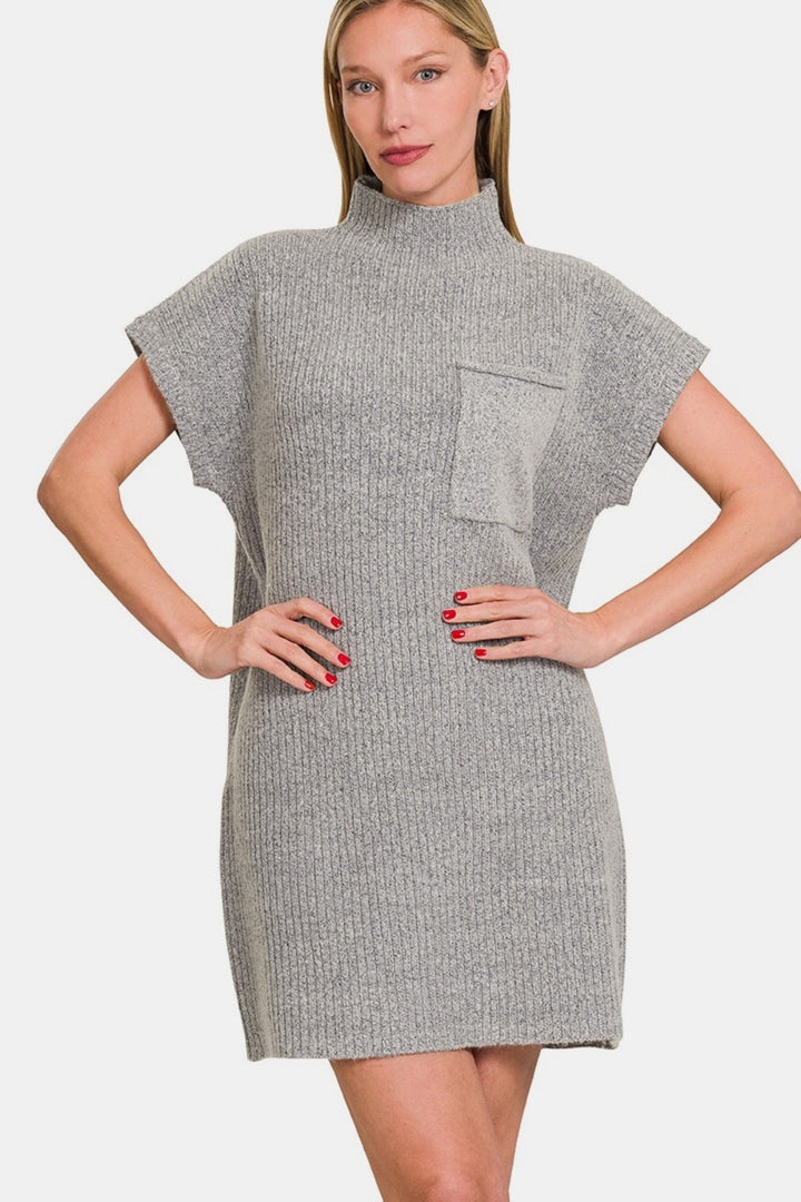 Zenana - Mock Neck Short Sleeve Sweater Dress - Grey - Inspired Eye Boutique