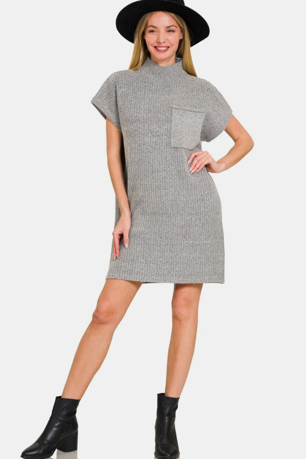 Zenana - Mock Neck Short Sleeve Sweater Dress - Grey - Inspired Eye Boutique