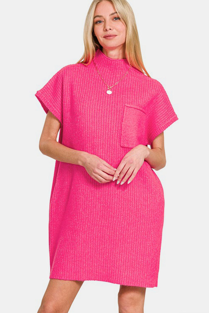 Zenana - Mock Neck Short Sleeve Sweater Dress - Hot Pink - Inspired Eye Boutique