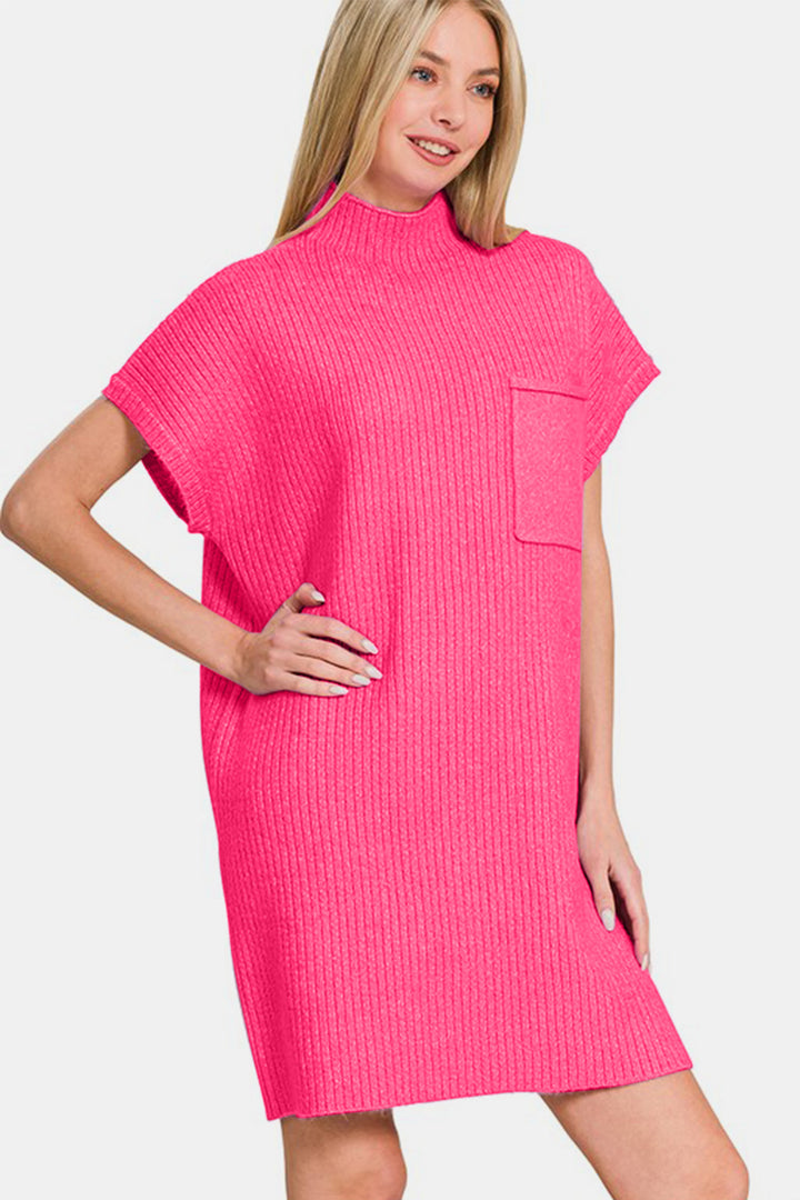 Zenana - Mock Neck Short Sleeve Sweater Dress - Hot Pink - Inspired Eye Boutique