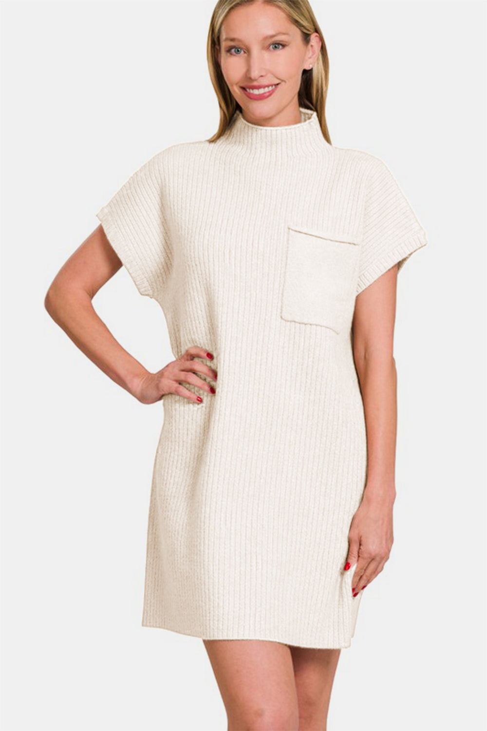 Zenana - Mock Neck Short Sleeve Sweater Dress - Ivory - Inspired Eye Boutique