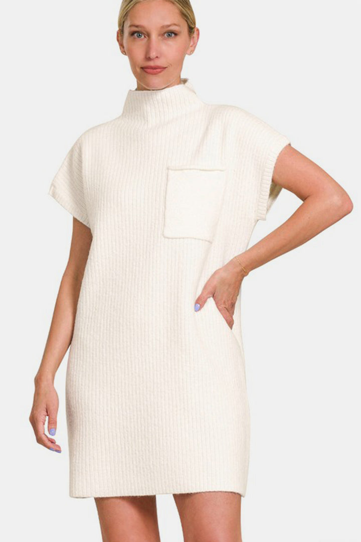 Zenana - Mock Neck Short Sleeve Sweater Dress - Ivory - Inspired Eye Boutique