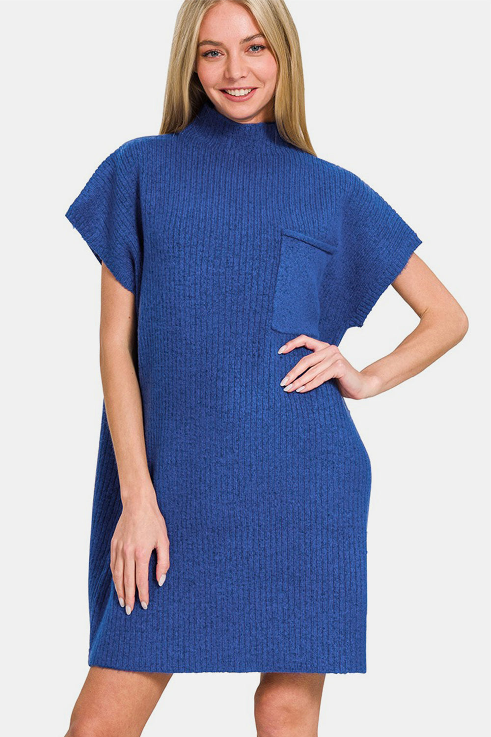 Zenana - Mock Neck Short Sleeve Sweater Dress - Lt Navy - Inspired Eye Boutique