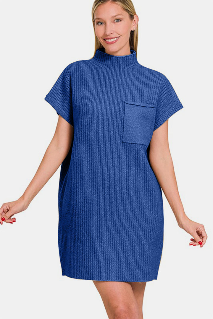 Zenana - Mock Neck Short Sleeve Sweater Dress - Lt Navy - Inspired Eye Boutique