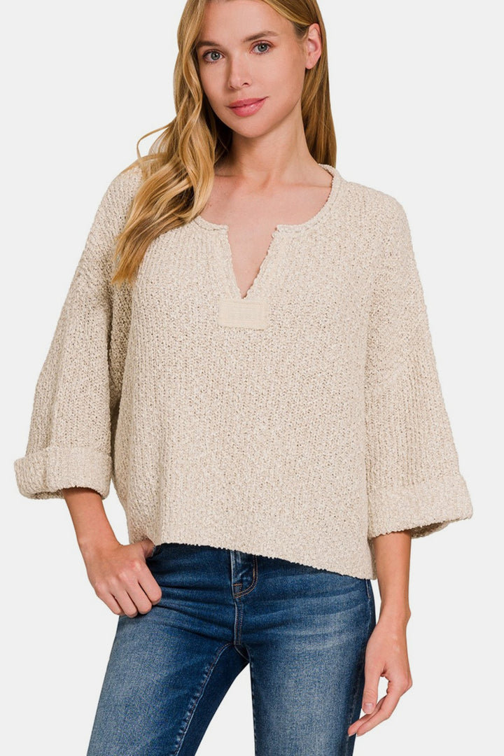 Zenana - Notched Neck Pullover Sweater - H Sand Beige - Inspired Eye Boutique