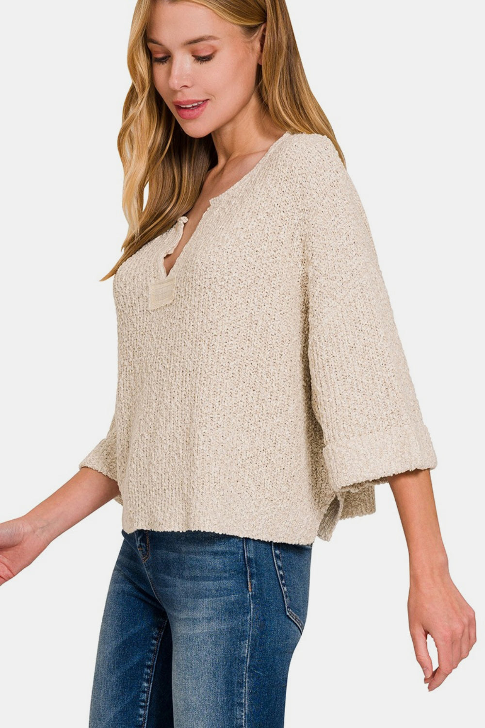 Zenana - Notched Neck Pullover Sweater - H Sand Beige - Inspired Eye Boutique