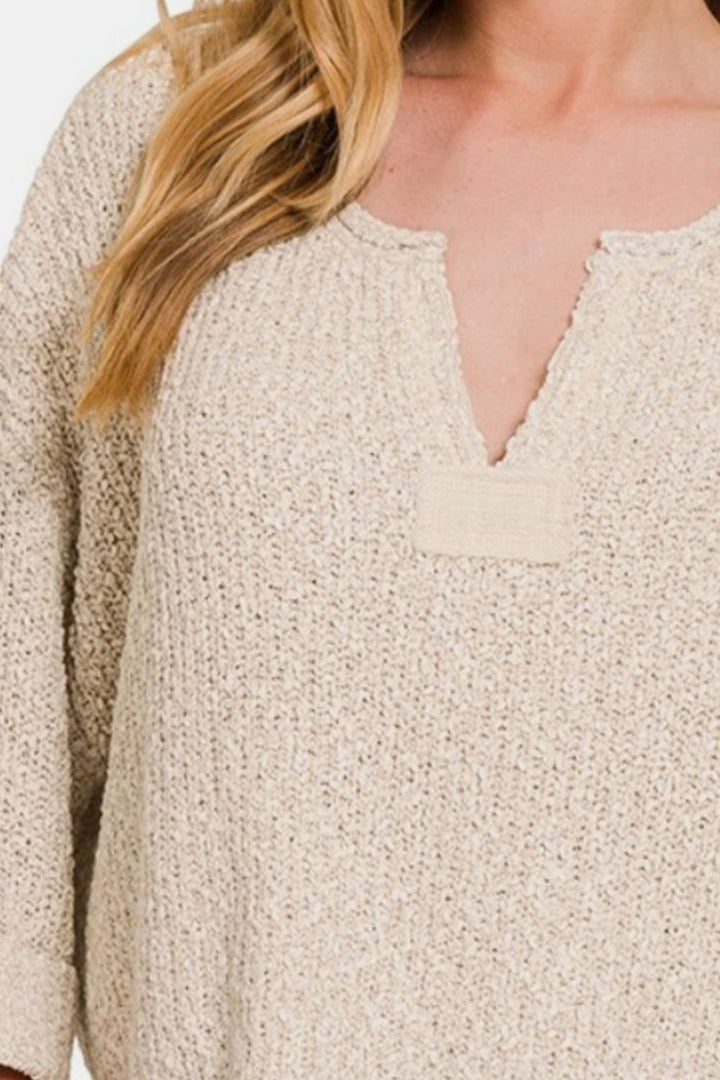 Zenana - Notched Neck Pullover Sweater - H Sand Beige - Inspired Eye Boutique