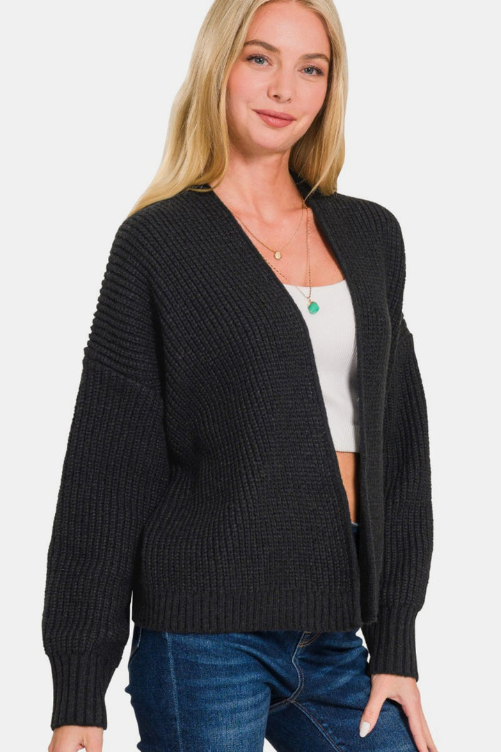 Zenana - Open Front Drop Shoulder Cardigan - Black - Inspired Eye Boutique