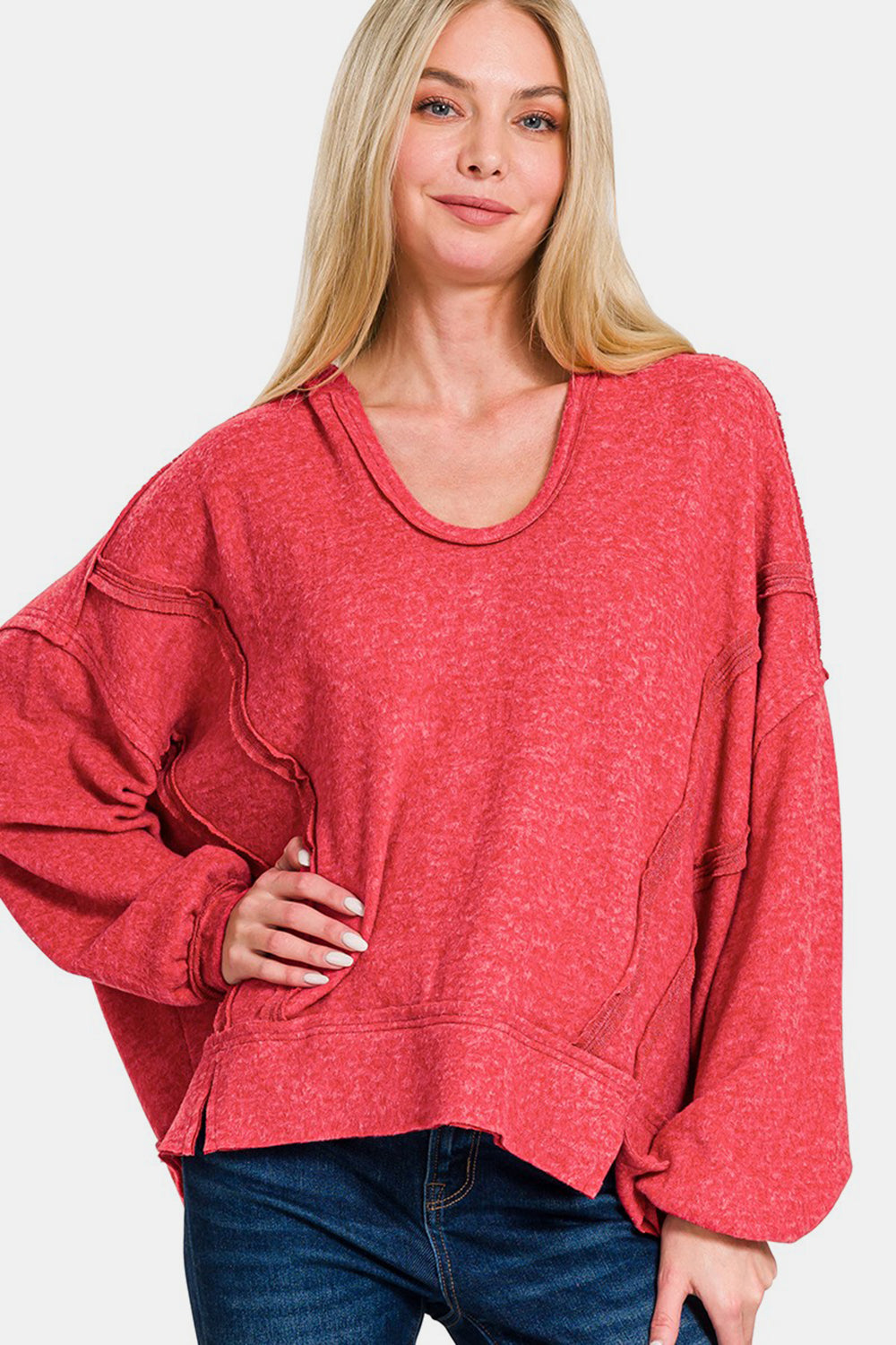 Zenana - Oversized Brushed Hacci Hoodie - Red - Inspired Eye Boutique