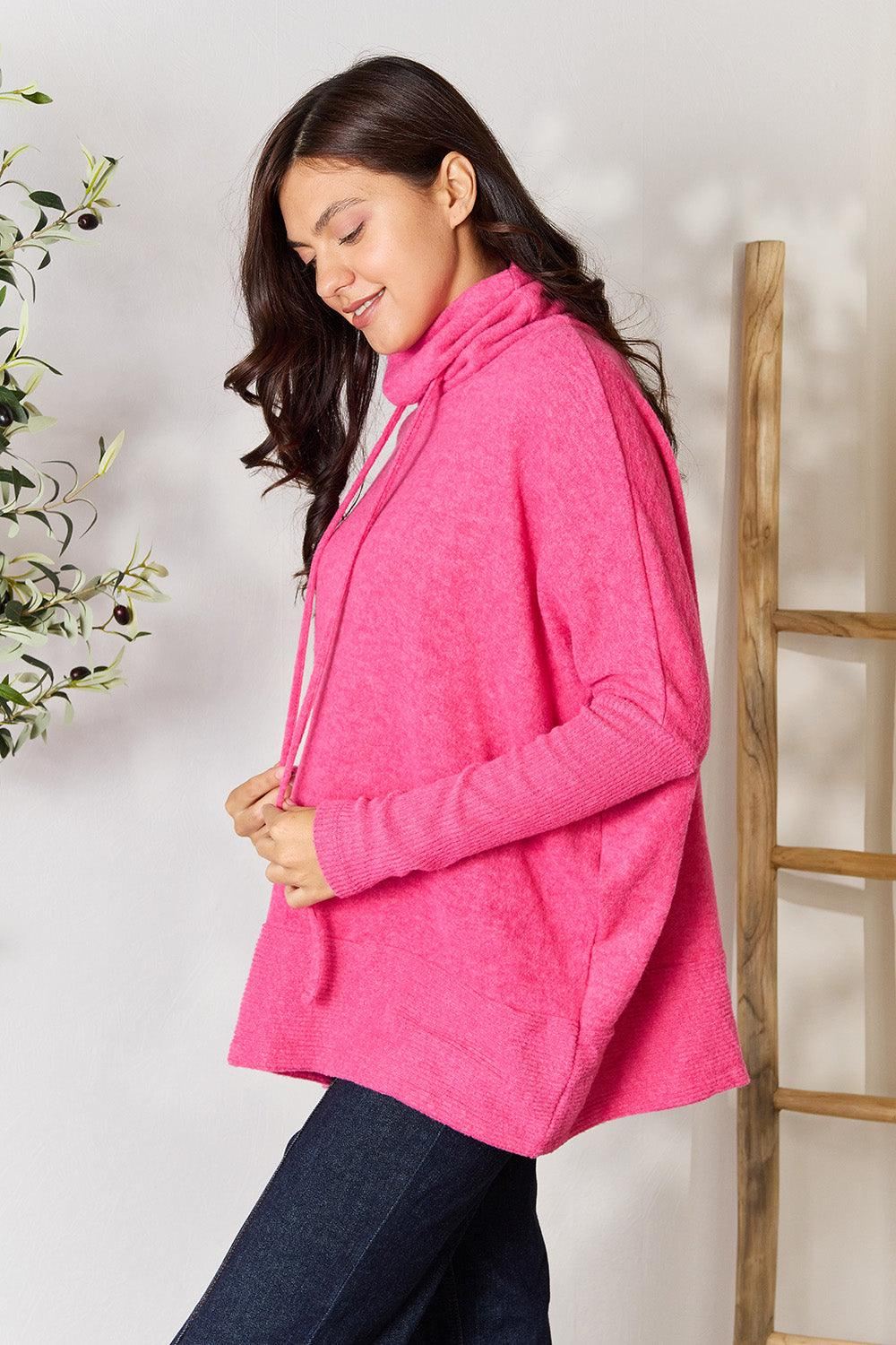 Zenana - Oversized Cowl Neck Sweater - Pink