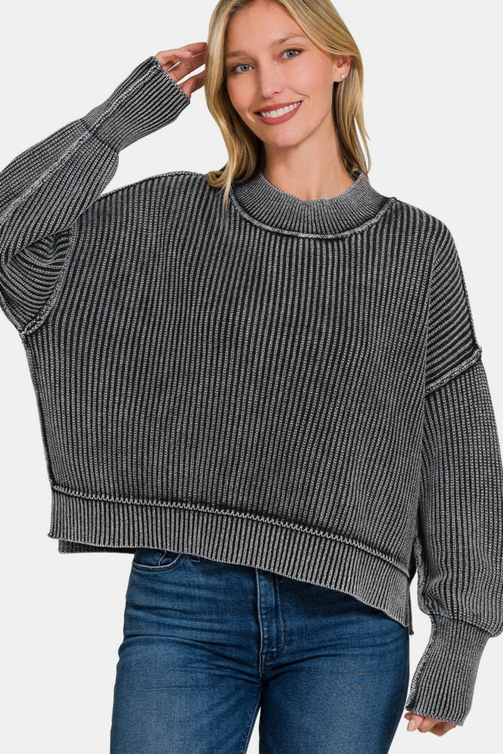 Zenana - Oversized Crew Neck Sweater - Black - Inspired Eye Boutique