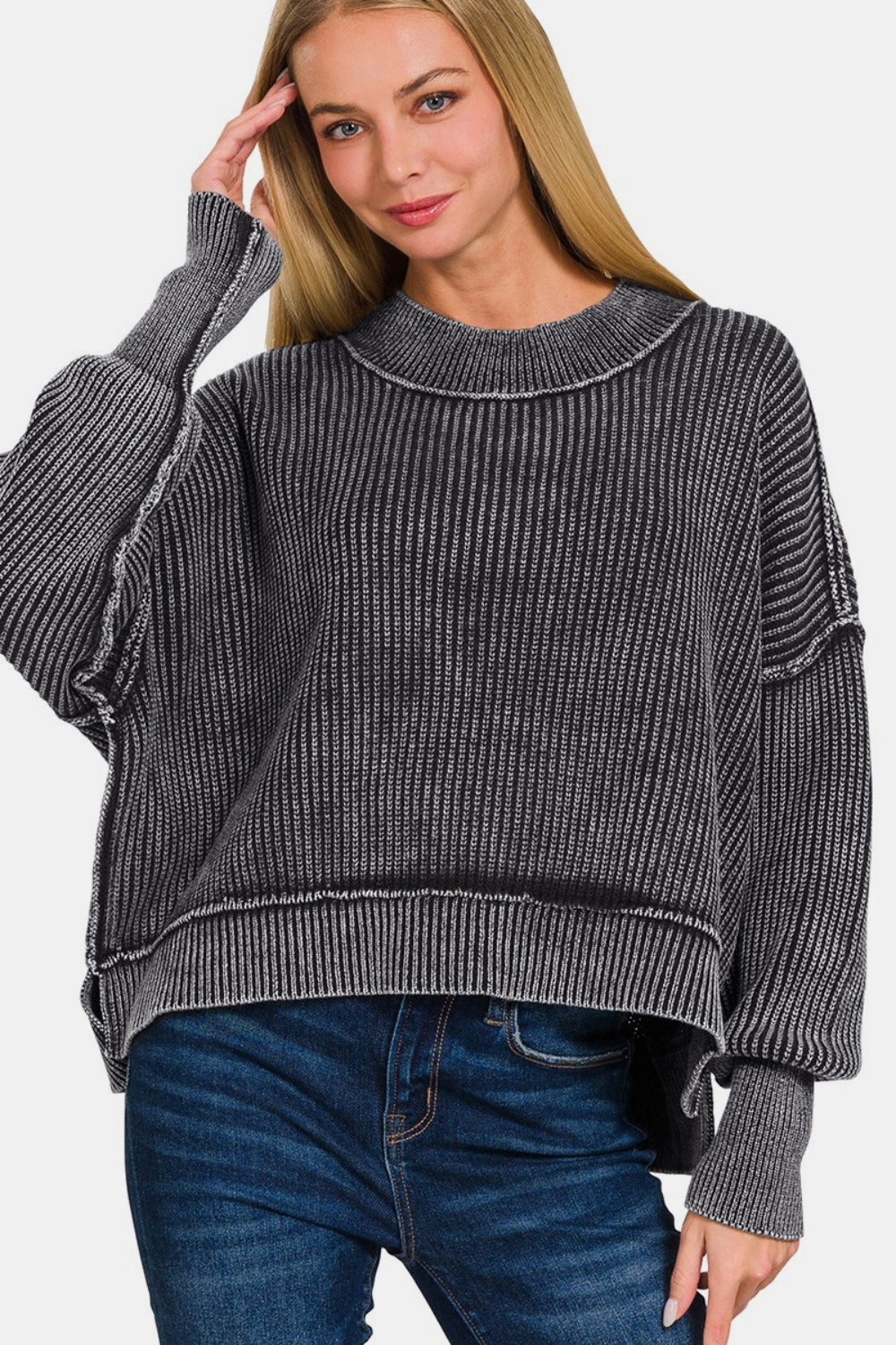 Zenana - Oversized Crew Neck Sweater - Black - Inspired Eye Boutique