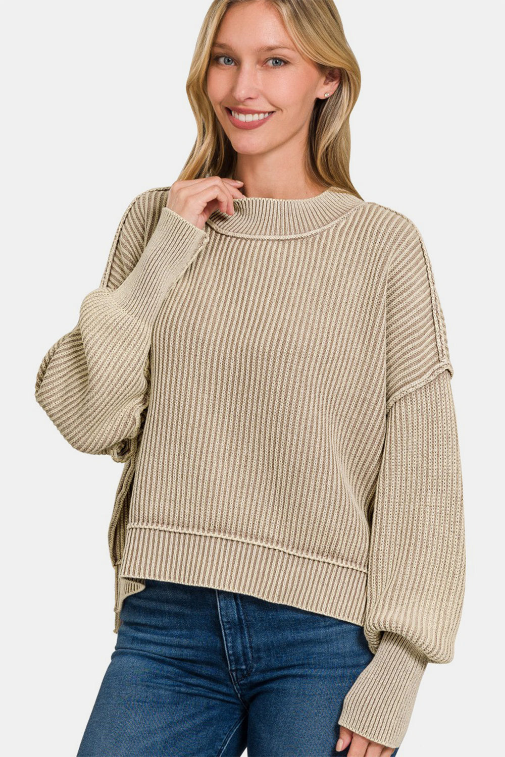 Zenana - Oversized Crew Neck Sweater - Lt Mocha - Inspired Eye Boutique