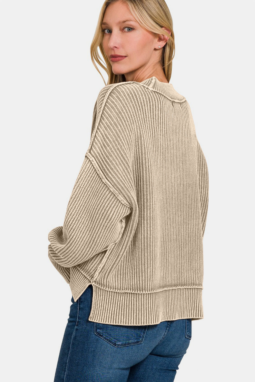 Zenana - Oversized Crew Neck Sweater - Lt Mocha - Inspired Eye Boutique