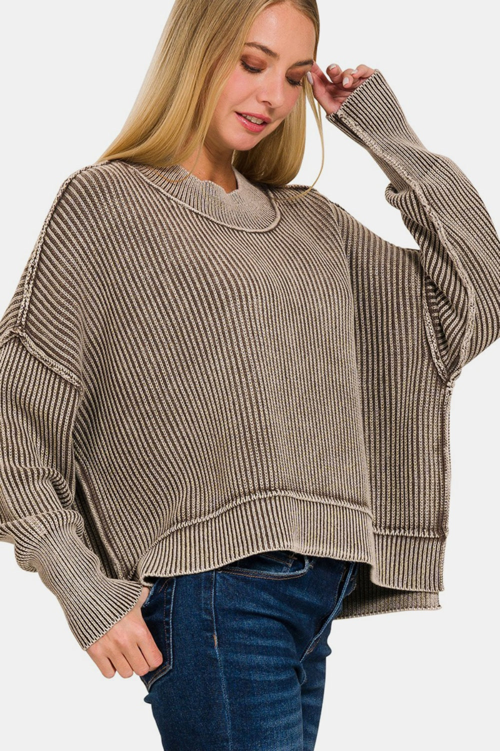 Zenana - Oversized Crew Neck Sweater - Mocha - Inspired Eye Boutique