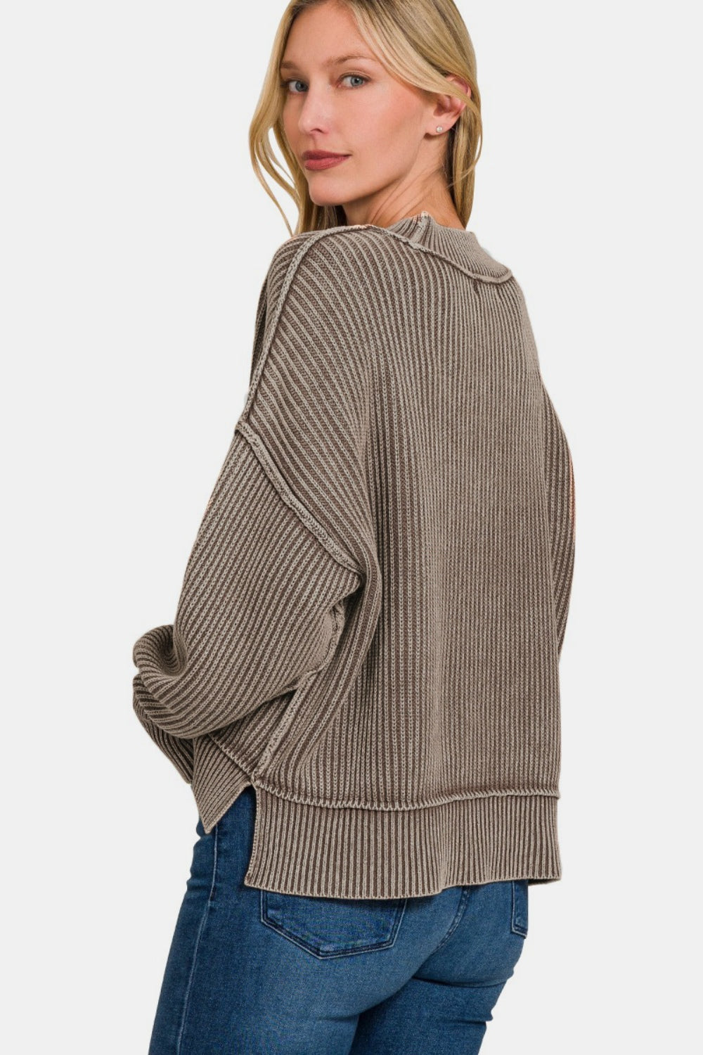 Zenana - Oversized Crew Neck Sweater - Mocha - Inspired Eye Boutique