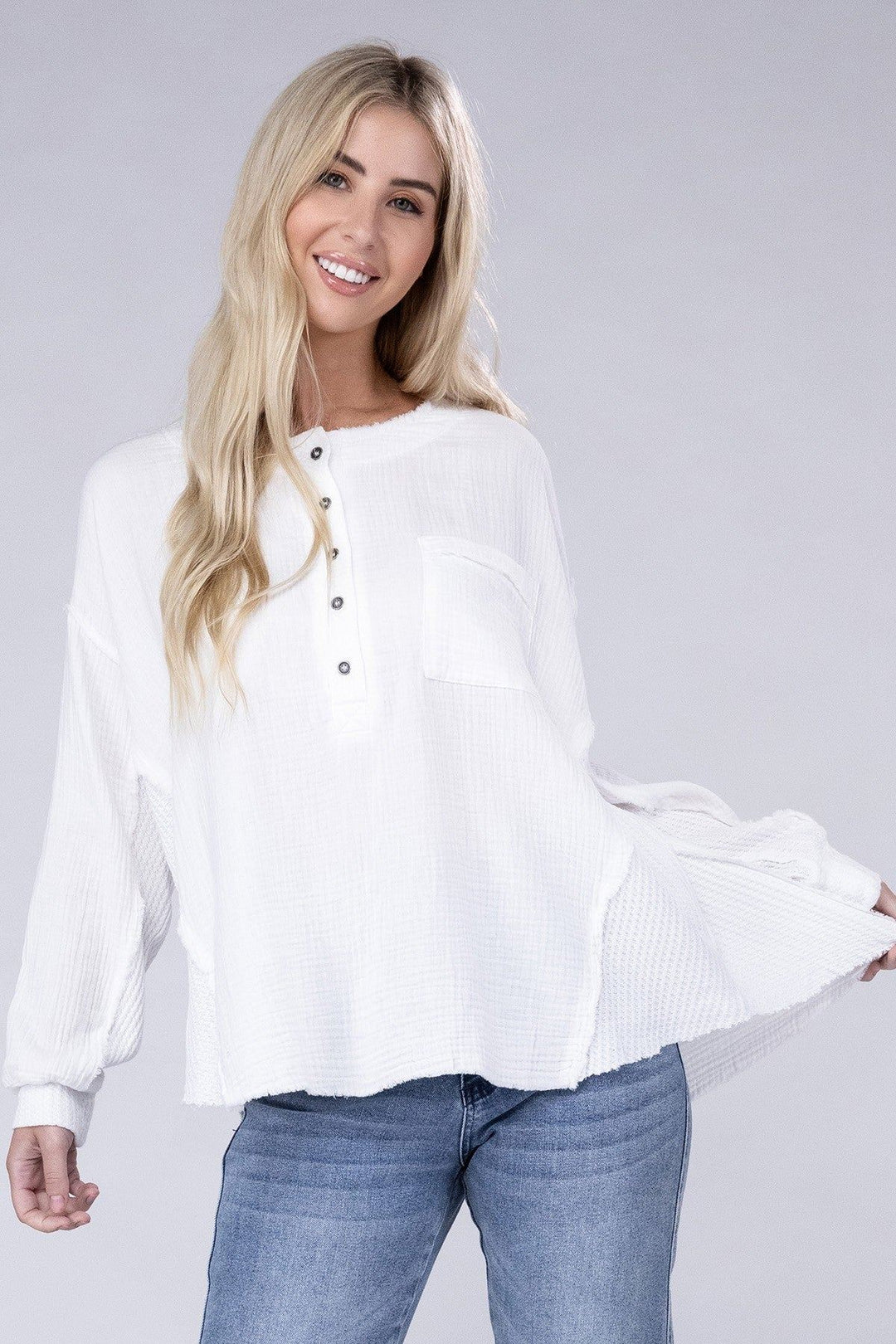 Zenana Oversized Gauze Henley Top - Inspired Eye Boutique