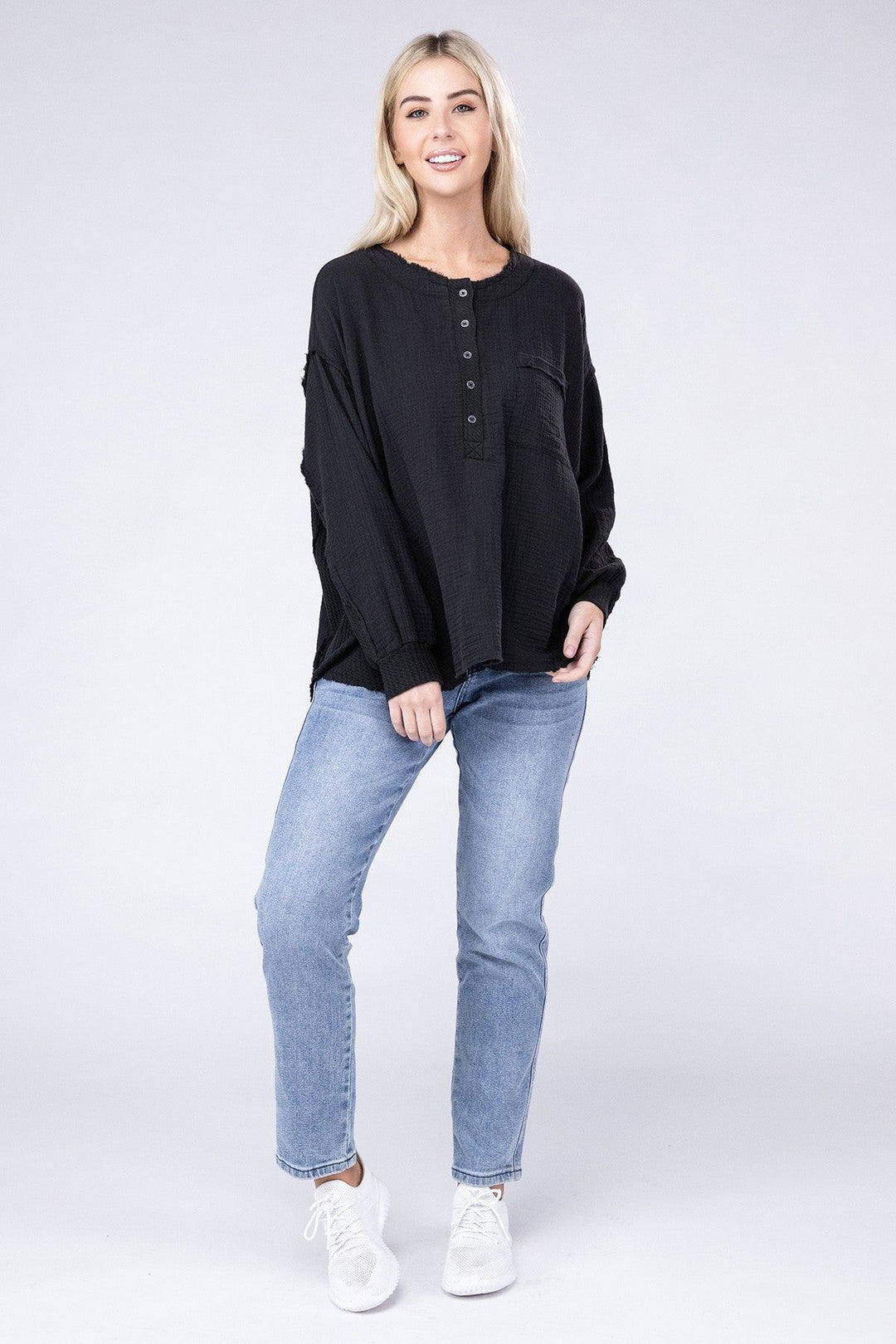 Zenana Oversized Gauze Henley Top - Inspired Eye Boutique