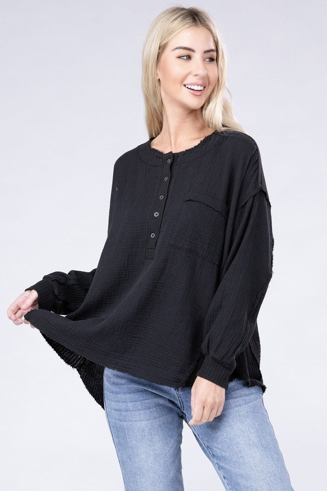 Zenana Oversized Gauze Henley Top - Inspired Eye Boutique