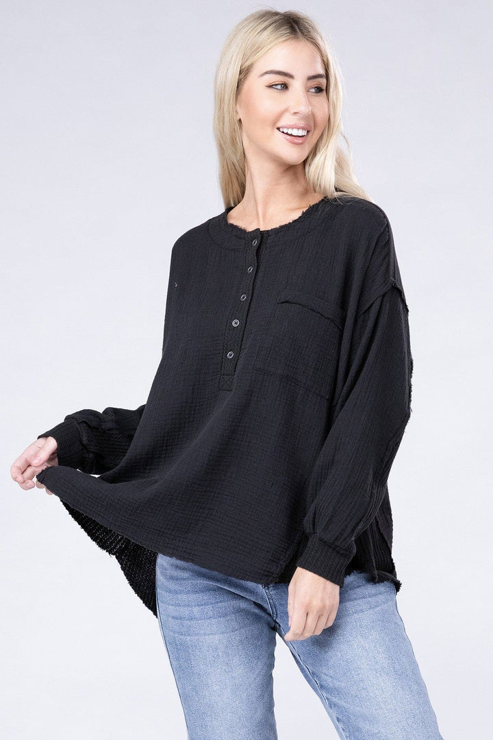 Zenana Oversized Gauze Henley Top - Inspired Eye Boutique